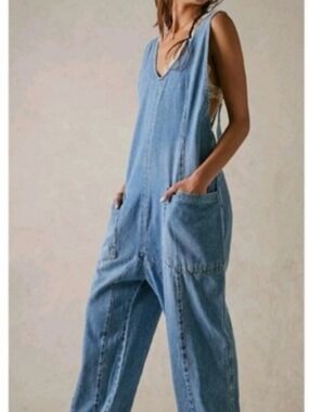 We The Free Light Blue Denim Utility Jumpsuit Size Small